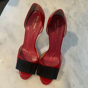 Kate Spade, red patent leather heels, black bow, Size 9